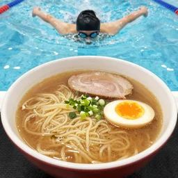 A person swimming in a bowl of ramen, photograph
