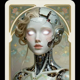 A portrait of a beautiful female cyborg with a cracked porcelain face by wlop, exposed inner structure, brightly glowing white eyes, art nouveau card, trending on artstation