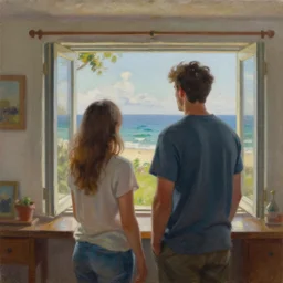 a beautiful painting of a man watching the beach view with his wife in their house, oil on canvas