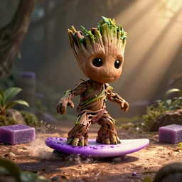 llittle cute Groot surfs on a bar of purple soap, by disney plus