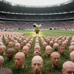 a farm of human heads in a stadium, Simon Stalenhag, beeple, Wadim Kashin, 4K, cinematic