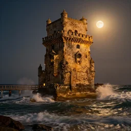 enormous stone tower in the middle of the ocean, bridge, crashing waves, night, warm ambience, moonlight, trending on artstation, 4 k, masterpiece