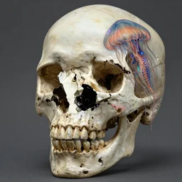 3 d close - up portrait of a human skull!!! liminal broken in to pieces fractured, phoenix jellyfish, highly detailed. traditional japanese art. iridescent accents. by wlop, tooth wu, greg rutkowski, alena aenami, beeple
