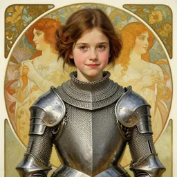 realistic detailed painting of a 1 6 - year old girl who resembles millie bobby brown and natalie portman with a shy, blushing, coy expression wearing intricate, detailed, art nouveau chainmail plate armor by alphonse mucha, ayami kojima amano, charlie bowater, karol bak, greg hildebrandt