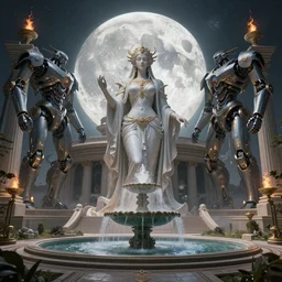 Futuristic mystical temple of the goddes of moon beautiful and magical with a fountain. By Frank Lloyd Wright, concept art, inrincate, sharp focus, digital painting, unreal engine, cgsociety, neoclassical, mech, robot, fractal flame, cinematic, overwatch skin, highly detailded