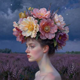 closeup, giant flowers as a head mohawk, woman in heather field, surreal photography, starlight, storm clouds, impressionist painting, digital painting, artstation, simon stalenhag