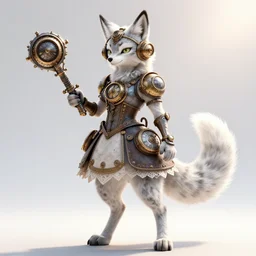 anthropomorphic lynx fursona wielding steampunk weapon, wearing steampunk dress with clockworks life support with lynx head, tail, paws, by tanidareal, irakli nadar, muggur, intricate linework, unreal engine, photorealistic 3 d render, furry art, furaffinity, bright sun backlight, white detailed fur, thin hind legs