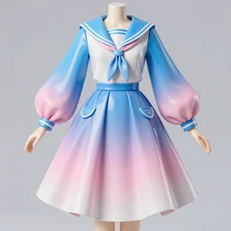 designer vinyl figure collection ball shaped accordion sleeve haute couture, sailor uniform, midi skirt, coat, synthetic curves striking pose, dynamic folds, cute pockets, volume flutter, youthful, modeled by modern designer bust, anime stylized, body fit, award fashion, picton blue, petal pink gradient scheme, holographic tones, expert composition, professional retouch, editorial photography