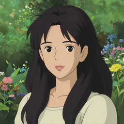 a beautiful girl with long black hair, royal garden background, sharp focus, intricate, digital painting, artstation, highly detailed, ambient lighting, portrait by Studio Ghibli, Rossdraws, artgerm, Ilya Kuvshinov, and Greg Rutkowski