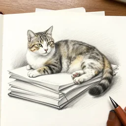 a cat relaxing on a pile of homework, pencil sketch