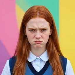 vibrant, colorful, beautiful portrait of a thin adolescent white woman with round face wearing a school uniform, annoyed look, acne, uneven skintone, dry skin, redhead, center parting, straight hair, in the morning, ambient light, sigma 8 5 mm, nikon 5 0 mm f / 1. 8 g, by lee jeffries