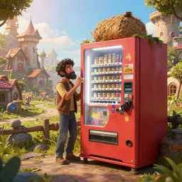 talking truck buying cigarettes from a vending machine in a robust fantasy village, calming, uplifting mood, ultra realistic, factory, funny, small buildings, highly detailed, epic lighting, illuminated, cinematic, morning, art by eddie mendoza