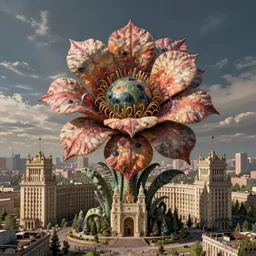 colossal grotesque alien flower made from best unfulfilled mankind projects in the middle of abandoned post soviet constructivist cityscape, Stalinist architecture, ultradetailed, Intricate by Hayao Miyazaki and Josan Gonzalez and Makoto Shinkai and Giuseppe Arcimboldo and Wes Anderson