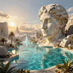 Filip Hodas, scifi landscape, hyperrealistic surrealism, award winning masterpiece with incredible details, epic stunning, infinity pool, a surreal vaporwave liminal space, highly detailed, trending on ArtStation, artgerm and greg rutkowski and alphonse mucha, daily deviation, IAMAG, broken giant marble head statue ruins, golden hour