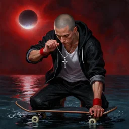skateboarder with a shaved head and partially zipped up black hoodie jacket with rolled up sleves, a white undershirt, and red wristbands kneeling in shallow water desperately holding up a necklace with a behelit from berserk attached, in front of an eclipse, dramatic detailed painting, red lighting
