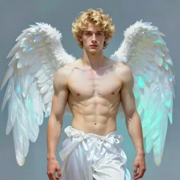 portrait of a beautiful young fit male angel with curly blond hairs, dressed with fluent clothes, luminous scene, by greg rutkowski and alphonse mucha, d & d character, gradient white to cyan, in front of an iridescent background, highly detailed portrait, digital painting, artstation, concept art, smooth, sharp focus ilustration, artstation hq