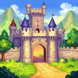 a scene in front of castle gates with, from a fantasy point and click 2 d graphic adventure game, art inspired by thomas kinkade, king's quest, sierra entertainment games, colorful landscape painting