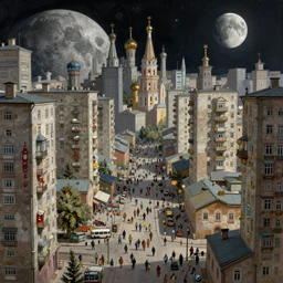 It’s crowded streets of Russian Khrushyovkas sleeping quarters on the Moon city, Norilsk, sci-fi, fantasy, intricate, very very beautiful, elegant, highly detailed composition, digital painting, artstation, concept art, smooth, sharp focus, illustration, art by artgerm and greg rutkowski and alphonse mucha