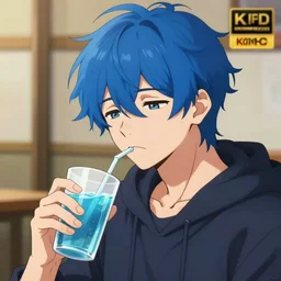 portrait of an anime guy with messy blue hair bored while holding a cup of water, wlop, trending on artstation, deviantart, anime key visual, official media, professional art, 8 k uhd