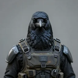 centered close - up portrait of an anthropomorphic crow dressed in futuristic military apparel, realistic, high definition, 8 k