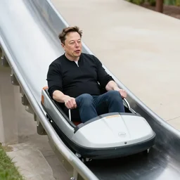 elon musk going down a waterslide, photorealistic,