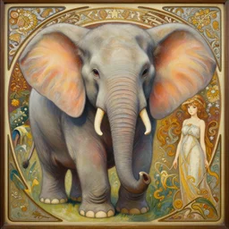 an hyper intricate oil painting of an anthropomorphic cute elephant!!!!!, hyper detailed ears, surreal, excellent composition, by yoshitaka amano, by greg rutkowski, by alphonse mucha, by rhads, by ross tran, trending on artstation