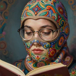 a close up of beautiful girl wearing a balaclava and reading glasses surrounded by colourful intricate patterns, by edgar maxence and caravaggio and michael whelan, intricate painting, hyper realistic, extremely detailed and beautiful aesthetic face, 8 k resolution