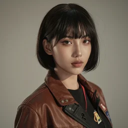 ektachrome, 3 5 mm, highly detailed : incredibly realistic, youthful asian demure, perfect features, feminine cut, beautiful three point perspective extreme closeup 3 / 4 portrait photo in chiaroscuro style 1 9 7 0 s frontiers in flight leather suit cosplay vogue fashion edition, nick night, show studio