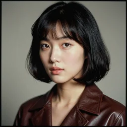ektachrome, 3 5 mm, highly detailed : incredibly realistic, youthful asian demure, perfect features, feminine cut, beautiful three point perspective extreme closeup 3 / 4 portrait photo in chiaroscuro style 1 9 7 0 s frontiers in flight leather suit cosplay vogue fashion edition, nick night, show studio