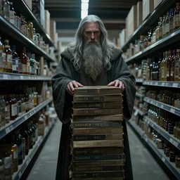 gandalf stacking supermarket shelves greg rutkowski, esuthio, craig mullins, cinematic lighting, gloomy