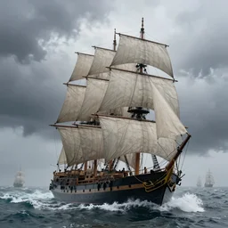 giant sailing battleship with ten sails, raging sea foggy, dramatic, action scene, stormy background, shipfleet on the horizon, high detail, unreal engine, octane render, 8 k high definition, photorealistic