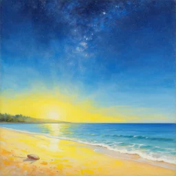 a beautiful painting of a sunny beach with a star filled sky above by moebius