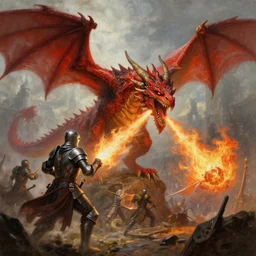 epic fantasy painting of red dragon breathing fire towards knight, by john avon, by seb mckinnon, high detail, fantasy battle