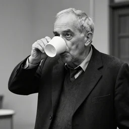 black and white photograph of a old and dusty professor in black suit drinking ten cups of coffee to study the melting kitchen based on a photograph taken by man ray or brassai