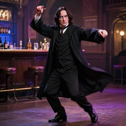Severus Snape dance in a bar, fish lens, neon, realistic, full body, very detailed, super realistic