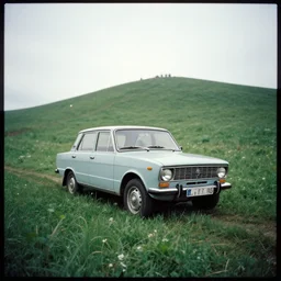 a lomographic photo of old lada 1 9 0 7 standing in a lush hill, cinestill, bokeh