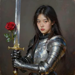 girl in armor holds a sword with roses. by Daniel F. Gerhartz, hyperrealistic oil painting, 4k, very detailed faces, studio lightning