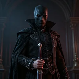 vampire in noble clothes, with a covered face, holding a blood sword, unreal engine octane render, cinematic, dramatic lighting