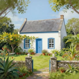 a typical house in a creole garden from reunion island painting by tomer hanuka, trending on artstation