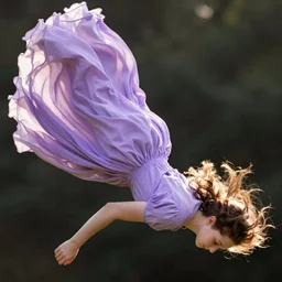 the girl falls down. flying face up. free flight. a very long lavender chiffon dress is blown away in the wind, tender colours, a highly detaile, by william morris, by tom bagshaw, digital art, ultra - realistic