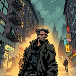 watchman universe, dave walking down street, buildings turning to smoke, comic page