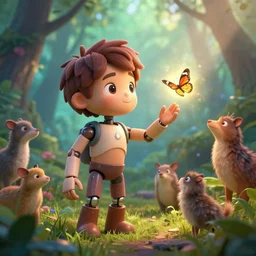 incredible And fantastic android boy trying to touch a butterfly in the forest and the animals around him surround him, with a beautiful aura in the atmosphere, hyper realistic with many details, Greg rutkowski, Trending artstation, cinematographic, Octane Renderizado, unreal engine 5, cinema4D