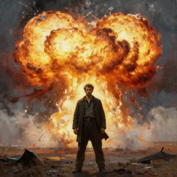 high quality high detail painting by ilya repin, man standing in front of huge explosion, cinematic, hd
