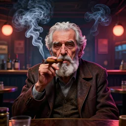 a intricately detailed portrait of an old man, smoking a lit cigar in an pub, a neon bar, smoke rising like clouds, cantered and balanced, beautifully symmetrical, super resolution, trending on art station, volumetric lighting & shadows, hyper detailed, digital art, unreal engine, in the style of a escher, 4 0 0 mm f 1. 8,