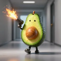 a living avocado with a flamethrower walking down a corridor, realistic