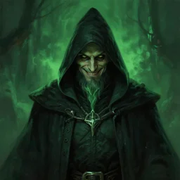 half - length portrait, necromancer smiling, ominous. green lighting,. fantasy, digital painting, hd, highly detailed.