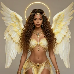a girl with tan skin and long curly hair. Dressed from head to toe in ornate jewelry with two sets of yellowish white ethereal angel wings. Wrapped in a golden halo. By Rockwell, James Jean, Velinxi. Artstation