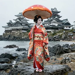 « a photorealistic mushroom geisha with a large flowery kimono on a rainy rocky beach with victorian japanese castles »