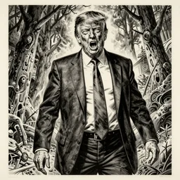 donald trump as the villain, slasher film, grotesque, horror, high details, intricate details, by vincent di fate, artgerm julie bell beeple, 70s, inking, vintage 70s print, screen print