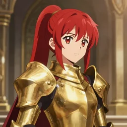 full anime portrait of beautiful paladin lady in the temple, face details, heavy brass armor, red ponytail, white skin, golden eyes, high fantasy, dnd, extremely detailed, smooth, sharp focus, digital illustration, by kurone mishima